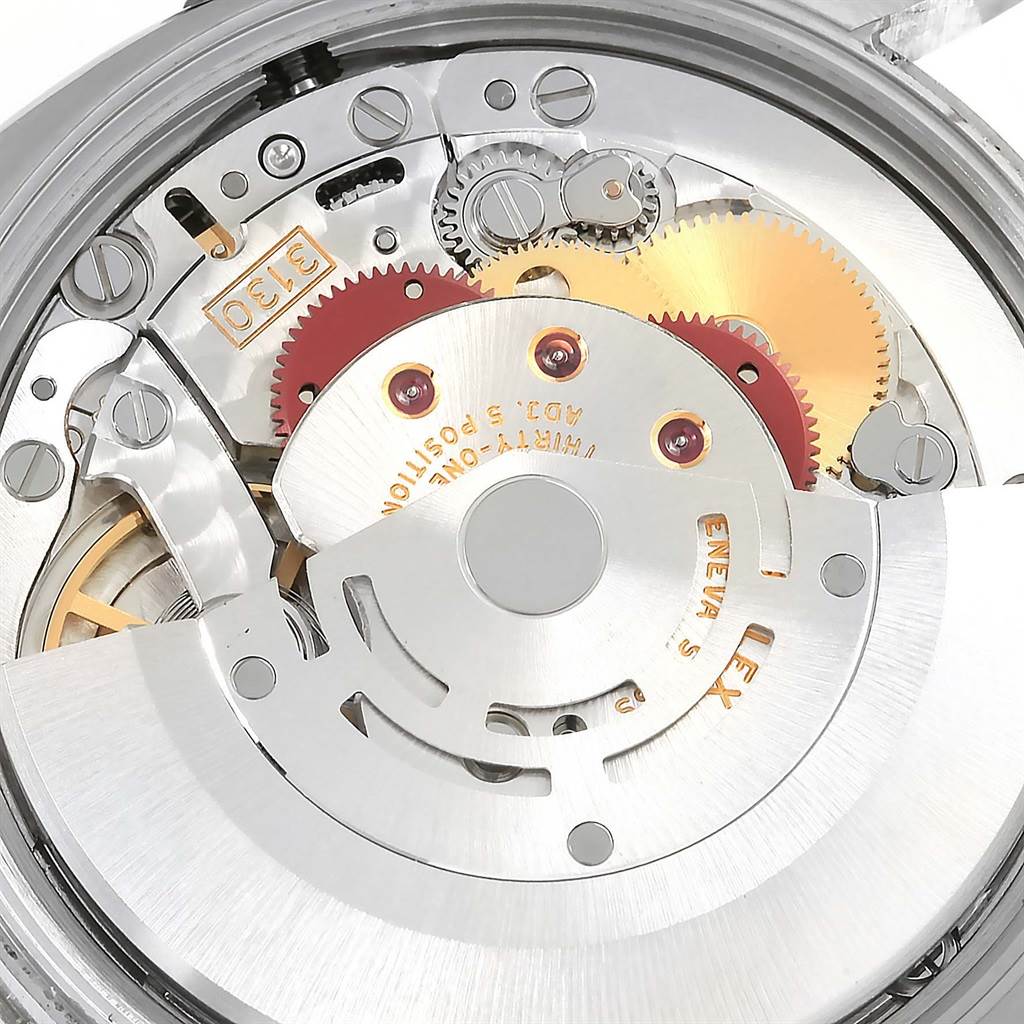This image shows the inner mechanical movement of a Rolex Air-King 114234 Stainless Steel Silver Dial 114234 Stainless Steel Silver Dial watch from a close-up angle.