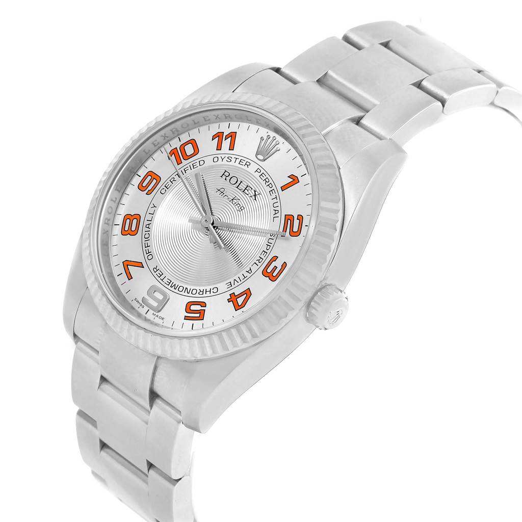 The Rolex Air-King 114234 Stainless Steel Silver Dial 114234 Stainless Steel Silver Dial watch is shown at a slight angle, highlighting the face, bezel, crown, and part of the bracelet.