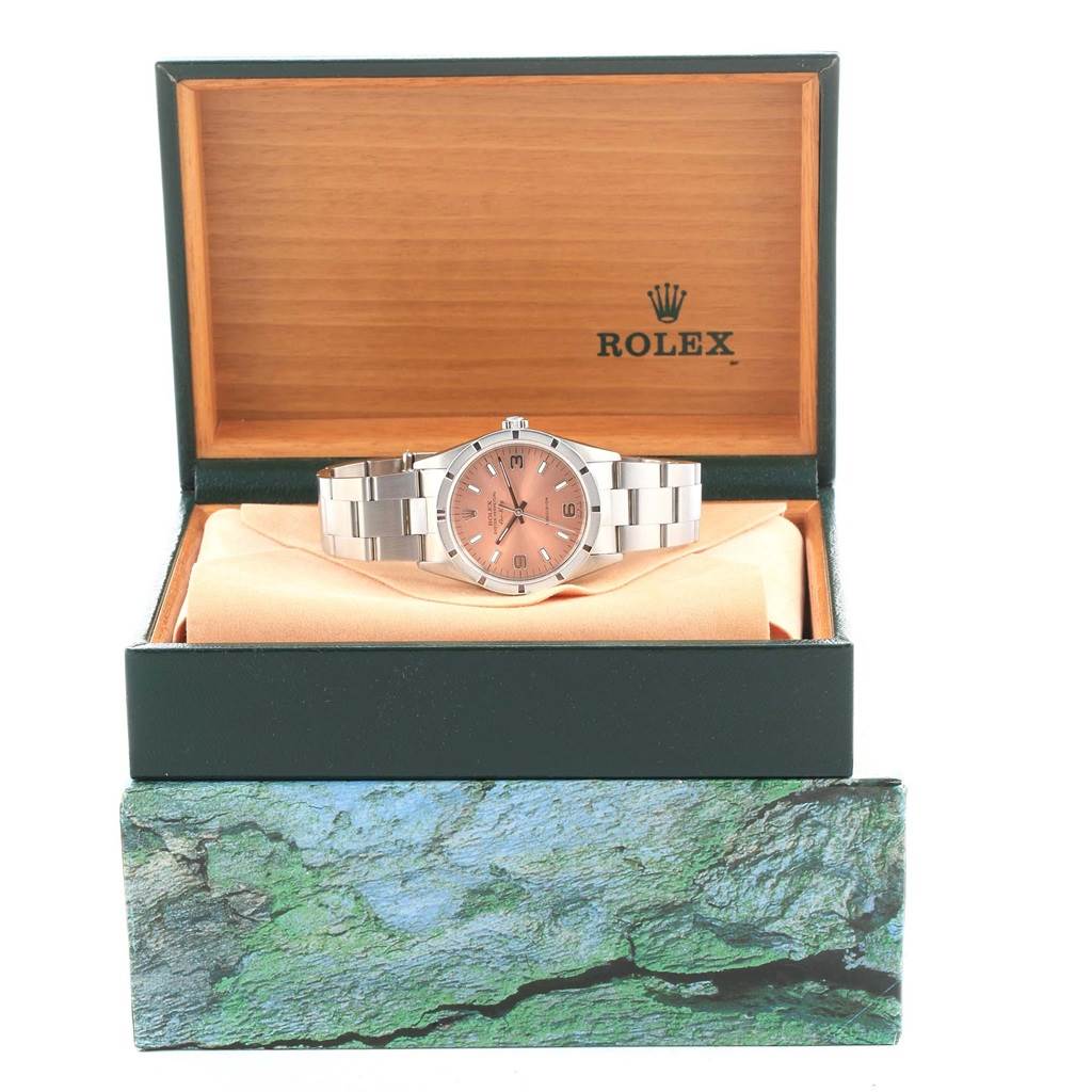 The Rolex Air-King 14010 Men's Stainless Steel Pink Dial 14010 Men's Stainless Steel Pink Dial watch is shown front-facing inside its branded presentation box.
