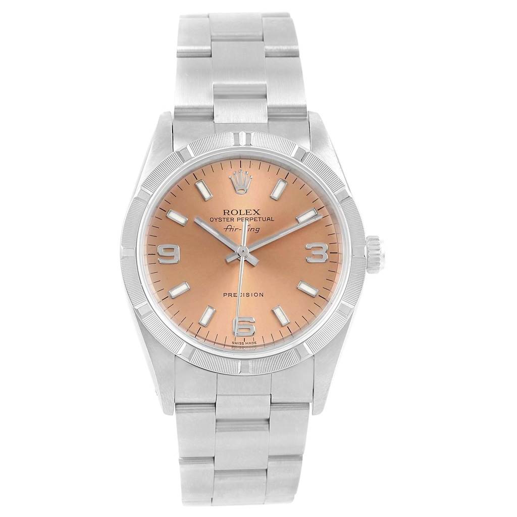 The Rolex Air-King 14010 Men's Stainless Steel Pink Dial 14010 Men's Stainless Steel Pink Dial watch is shown from a front angle, displaying the dial, crown, and bracelet.