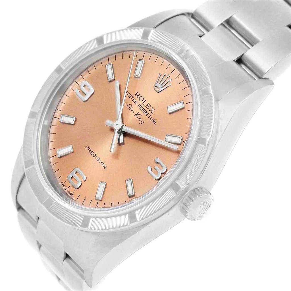 The image shows a close-up angled view of a Rolex Air-King 14010 Men's Stainless Steel Pink Dial 14010 Men's Stainless Steel Pink Dial watch, highlighting its face, bezel, crown, and part of the bracelet.