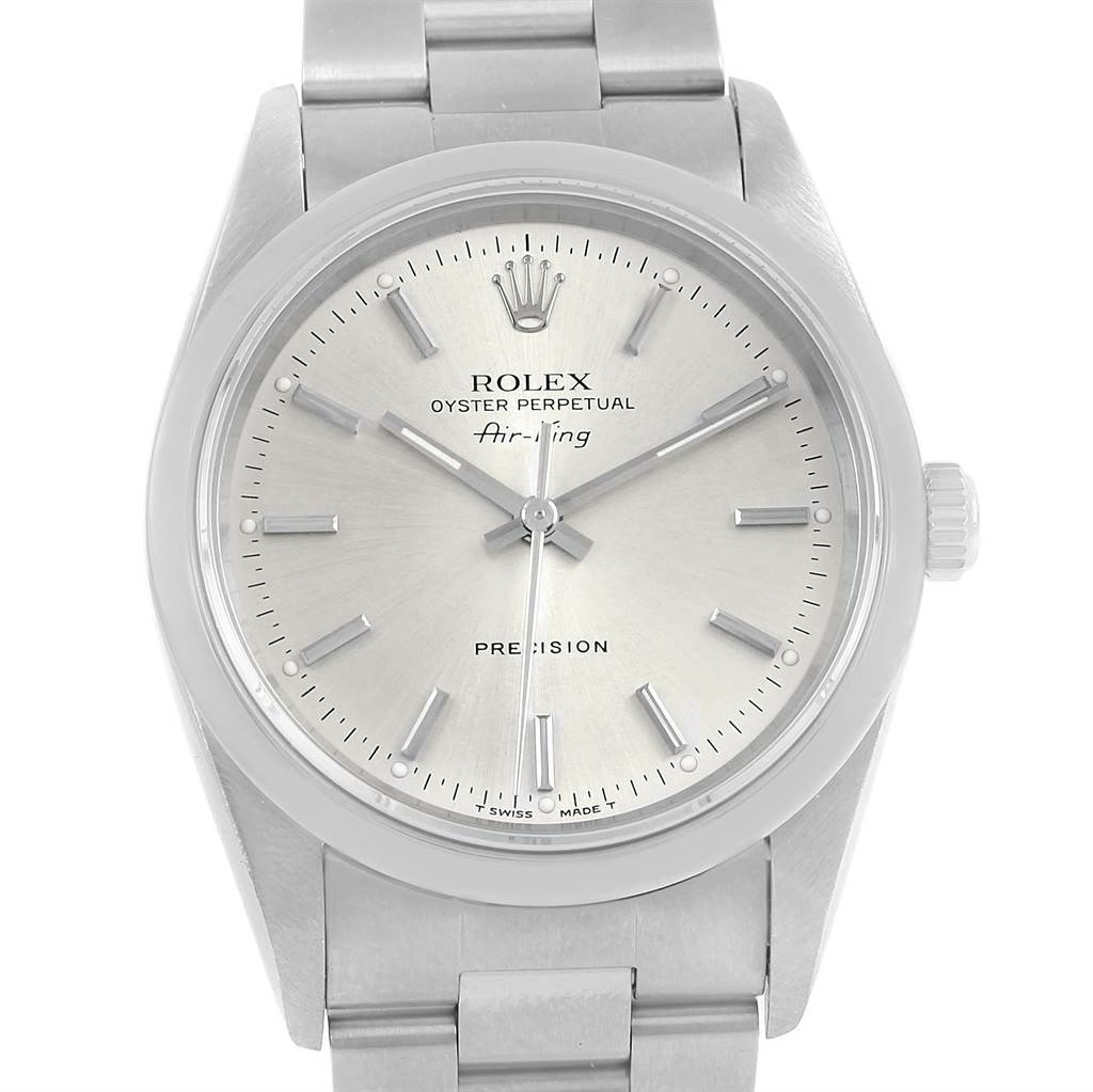 The image shows a front view of the Rolex Air-King 14000 Men's Stainless Steel Silver Dial 14000 Men's Stainless Steel Silver Dial watch, highlighting its dial, crown, and bracelet.