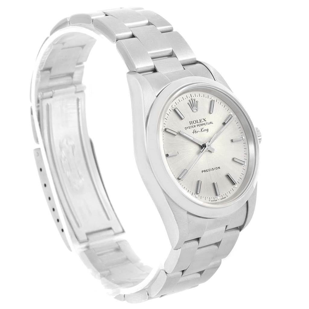 The image shows a side view of the Rolex Air-King 14000 Men's Stainless Steel Silver Dial 14000 Men's Stainless Steel Silver Dial watch, highlighting its bracelet, case, and dial.