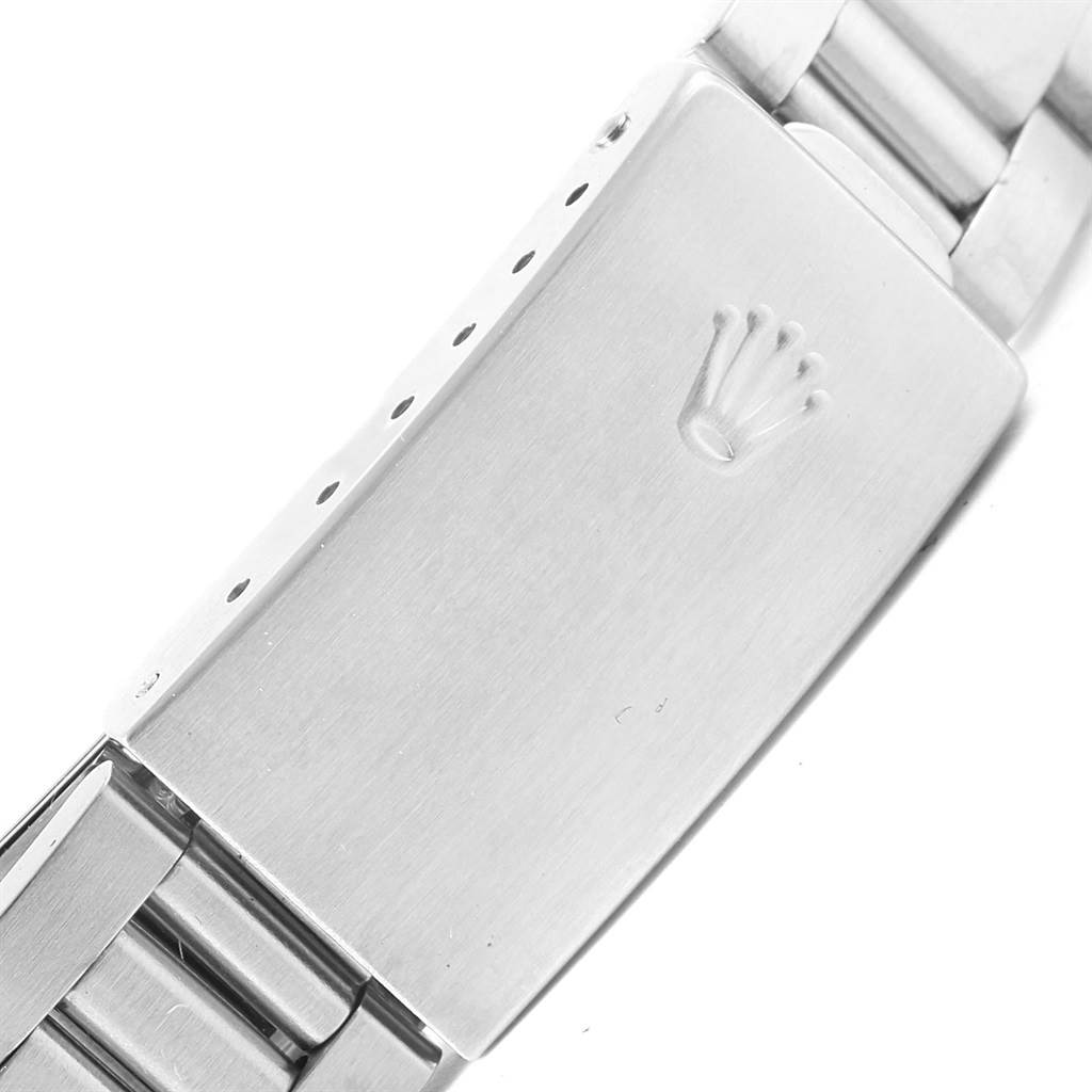 The image shows a close-up of the clasp on the stainless steel bracelet of a Rolex Air-King 14000 Men's Stainless Steel Silver Dial 14000 Men's Stainless Steel Silver Dial watch.