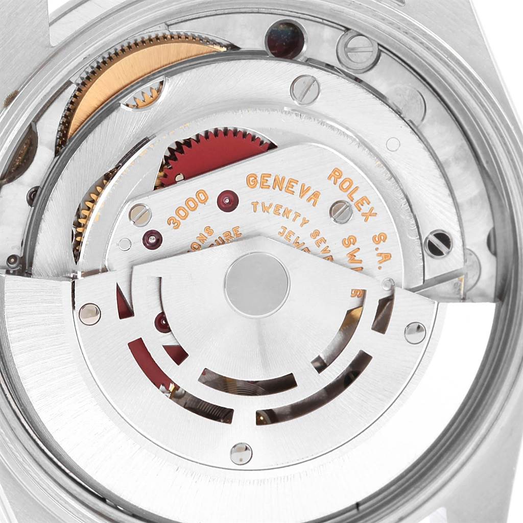 The image shows the intricate movement parts of the Rolex Air-King 14000 Men's Stainless Steel Silver Dial 14000 Men's Stainless Steel Silver Dial model from a close-up, internal angle.