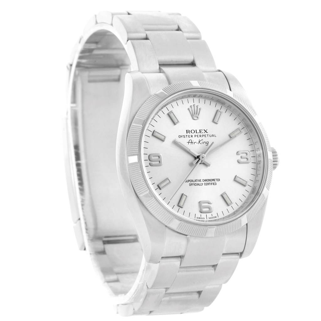 The image shows a front-left angled view of a Rolex Air-King 114210 Stainless Steel Silver Dial 114210 Stainless Steel Silver Dial watch, displaying its face, bezel, and part of the bracelet.
