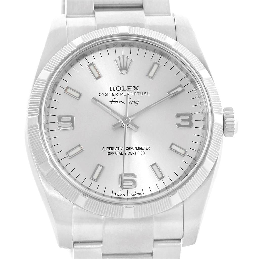 The image shows a frontal view of the Rolex Air-King 114210 Stainless Steel Silver Dial 114210 Stainless Steel Silver Dial watch, highlighting the dial, bezel, and part of the bracelet.
