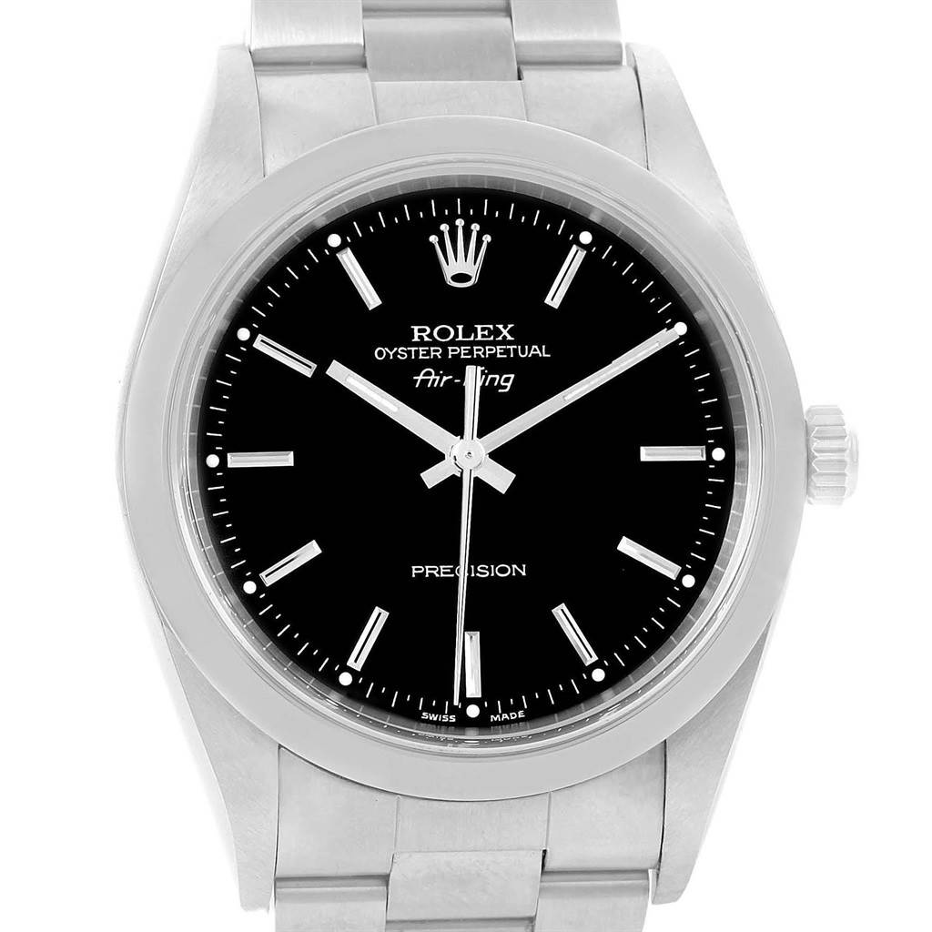This image shows a front view of a Rolex Air-King 14000 Stainless Steel Black Dial 14000 Stainless Steel Black Dial watch, highlighting the dial, bezel, crown, and bracelet.