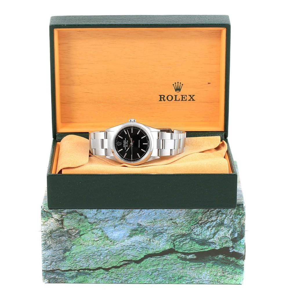 The front view shows the Rolex Air-King 14000 Stainless Steel Black Dial 14000 Stainless Steel Black Dial watch displayed in an open green and orange box.