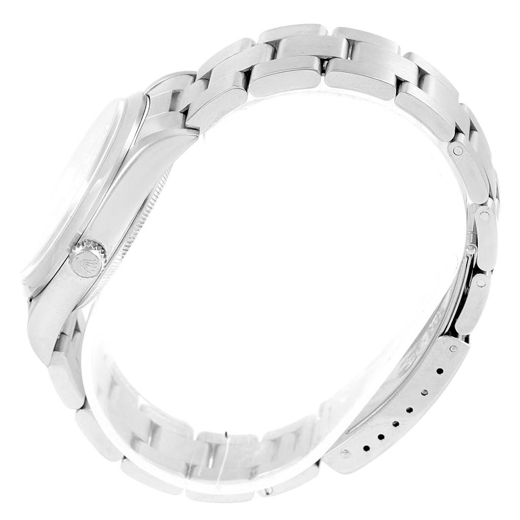 The image shows the side view of a Rolex Air-King 14000 Stainless Steel Black Dial 14000 Stainless Steel Black Dial watch, highlighting the crown and stainless steel bracelet.