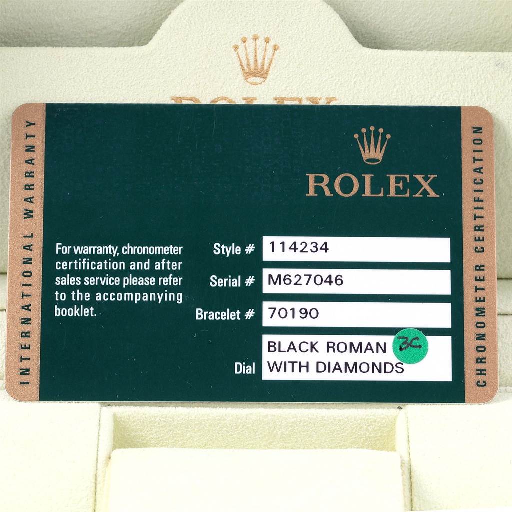 This image shows the warranty card for a Rolex Air-King 114234 Men's Stainless Steel Black Dial 114234 Men's Stainless Steel Black Dial watch with details about style, serial, bracelet, and dial.