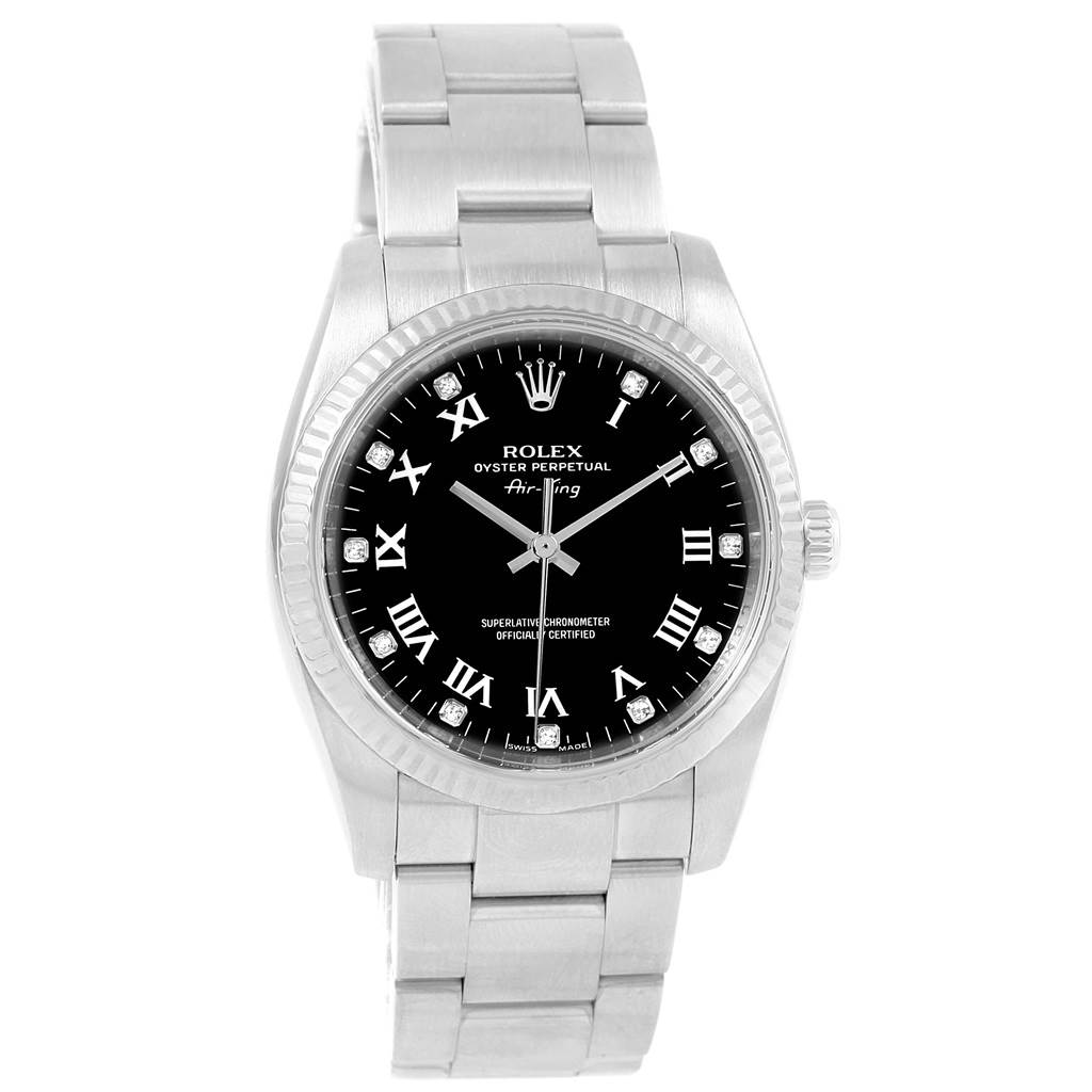 The image shows a front-facing view of a Rolex Air-King 114234 Men's Stainless Steel Black Dial 114234 Men's Stainless Steel Black Dial watch, displaying its black dial, Roman numeral markers, and stainless steel bracelet.