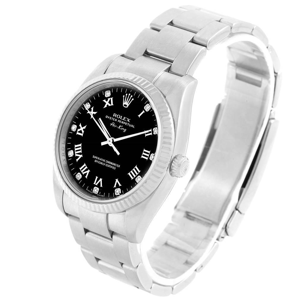 The image shows a Rolex Air-King 114234 Men's Stainless Steel Black Dial 114234 Men's Stainless Steel Black Dial watch at an angled view featuring the dial, bezel, and bracelet.