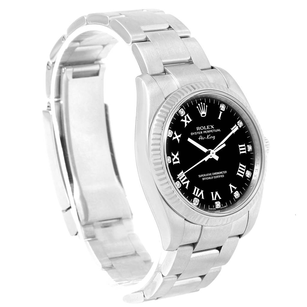 The image shows a side angle of the Rolex Air-King 114234 Men's Stainless Steel Black Dial 114234 Men's Stainless Steel Black Dial watch, featuring its stainless steel bracelet, bezel, and black dial with Roman numerals.