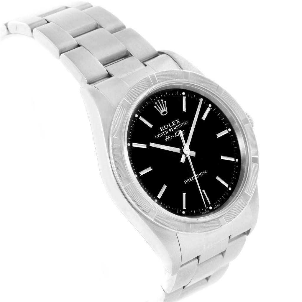 The Rolex Air-King 14010 Men's Stainless Steel Black Dial 14010 Men's Stainless Steel Black Dial watch is shown at a slight angle from the front, highlighting its black dial, silver hands, and bracelet.