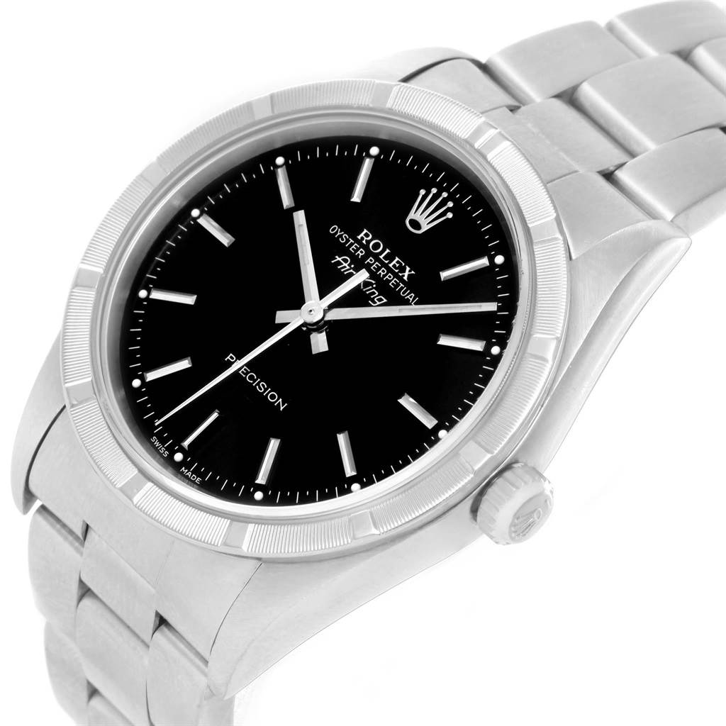 This is a close-up side-angle view of a Rolex Air-King 14010 Men's Stainless Steel Black Dial 14010 Men's Stainless Steel Black Dial watch showing the face, bezel, crown, and bracelet.