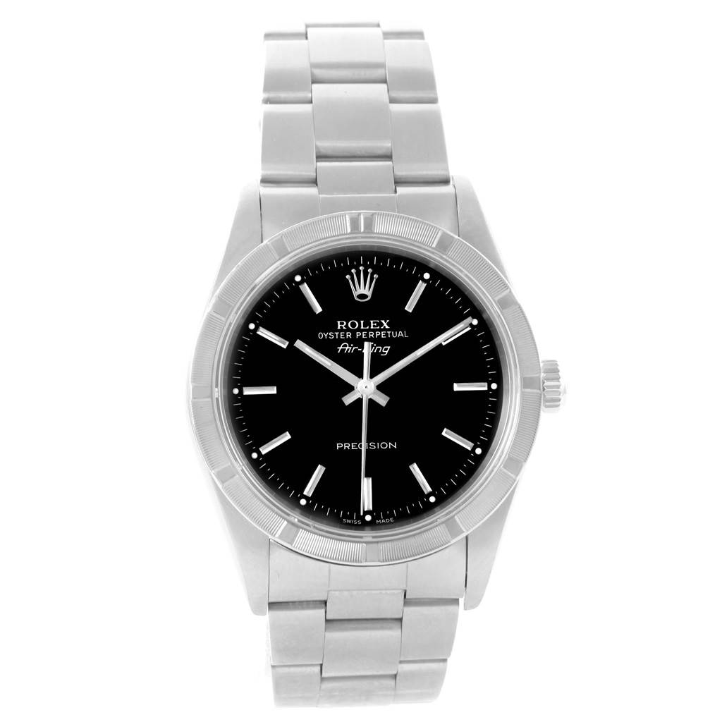 The Rolex Air-King 14010 Men's Stainless Steel Black Dial 14010 Men's Stainless Steel Black Dial watch is shown from a straight-on angle, displaying its black dial, silver hands, and full metal bracelet.