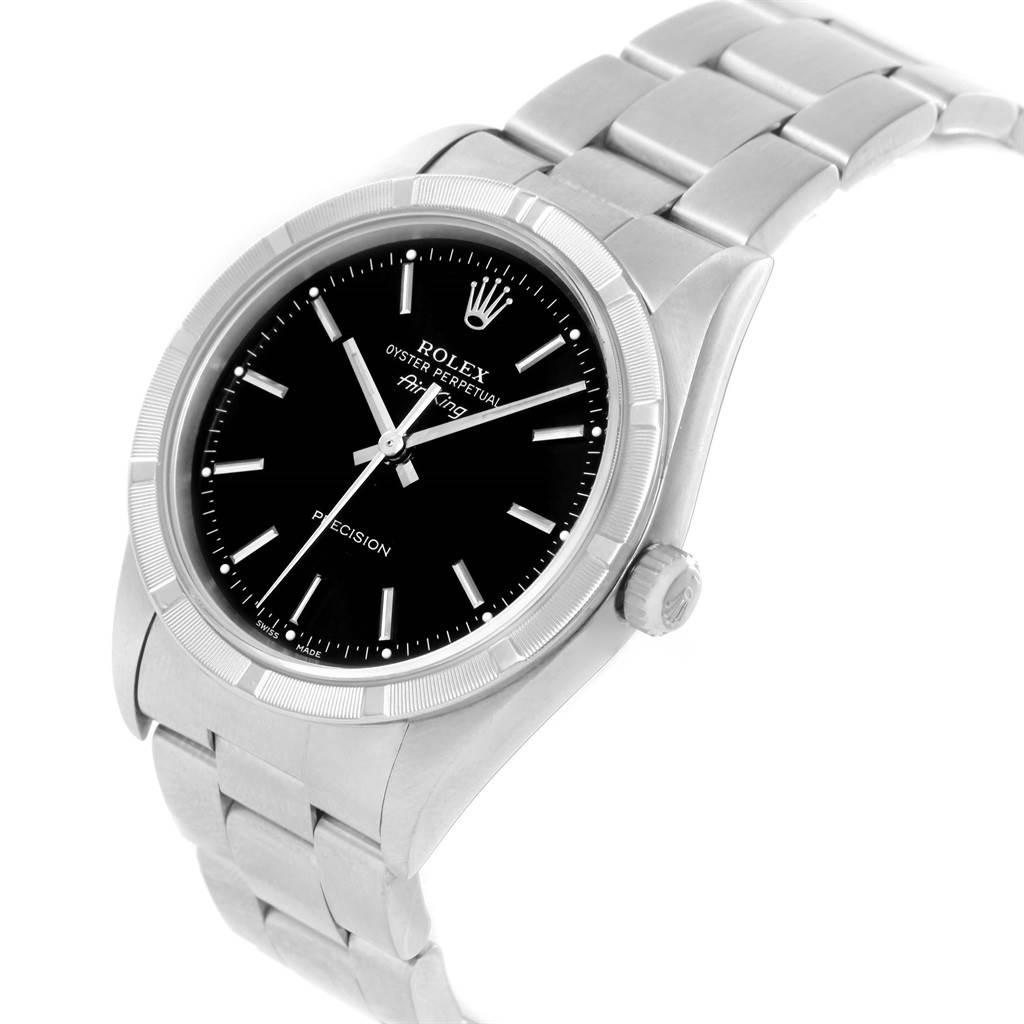 The Rolex Air-King 14010 Men's Stainless Steel Black Dial 14010 Men's Stainless Steel Black Dial watch is shown from a slightly tilted side angle, displaying the face, bezel, crown, and bracelet.