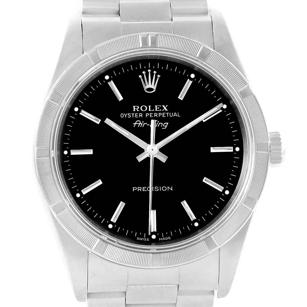 This image shows a front view of the Rolex Air-King 14010 Men's Stainless Steel Black Dial 14010 Men's Stainless Steel Black Dial watch, displaying its dial, bezel, case, and part of the bracelet.