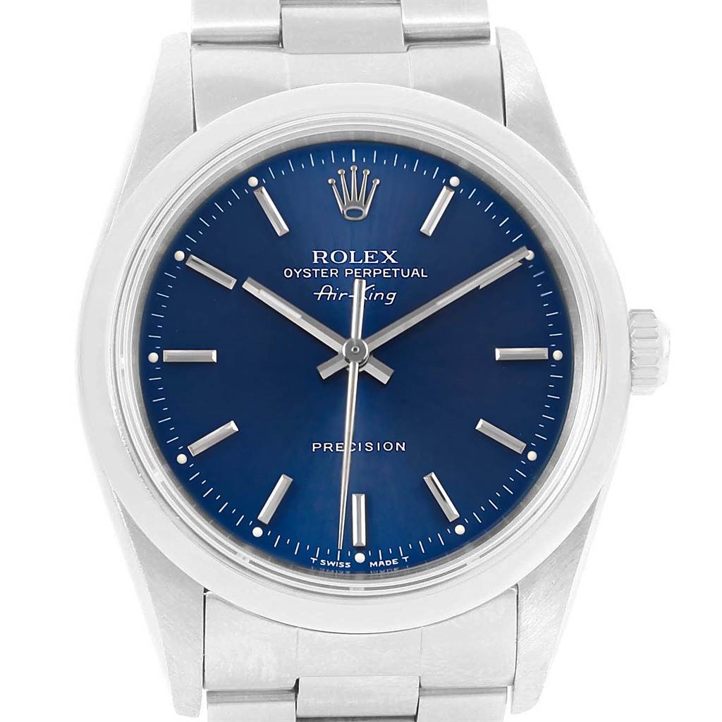 This image shows the front view of the dial and bracelet of a Rolex Air-King 14000 Men's Stainless Steel Blue Dial 14000 Men's Stainless Steel Blue Dial watch.