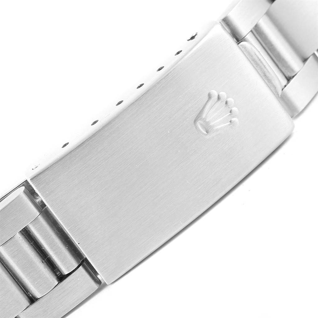 This image shows a close-up of the clasp on the bracelet of a Rolex Air-King 14000 Men's Stainless Steel Blue Dial 14000 Men's Stainless Steel Blue Dial watch, featuring the Rolex crown logo.