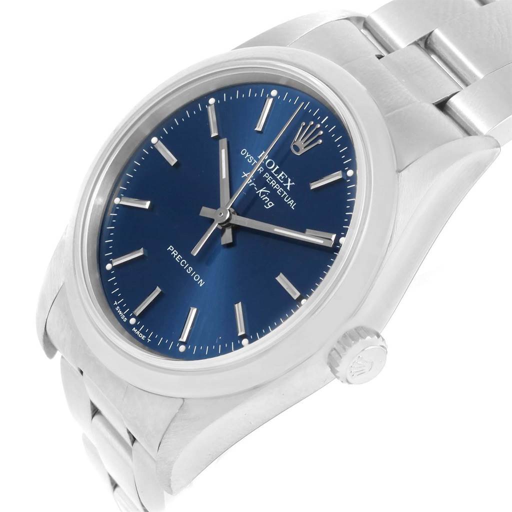 The image shows a Rolex Air-King 14000 Men's Stainless Steel Blue Dial 14000 Men's Stainless Steel Blue Dial watch angled slightly from the front, highlighting its blue dial, case, and part of the bracelet.