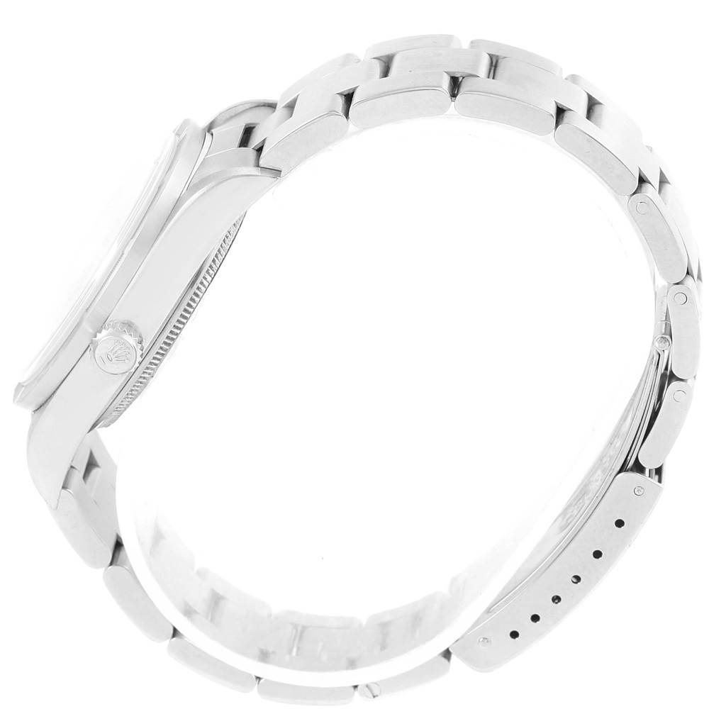 The image shows a side view of the Rolex Air-King 14010 Men's Stainless Steel Black Dial 14010 Men's Stainless Steel Black Dial watch, highlighting the crown, case, and bracelet.