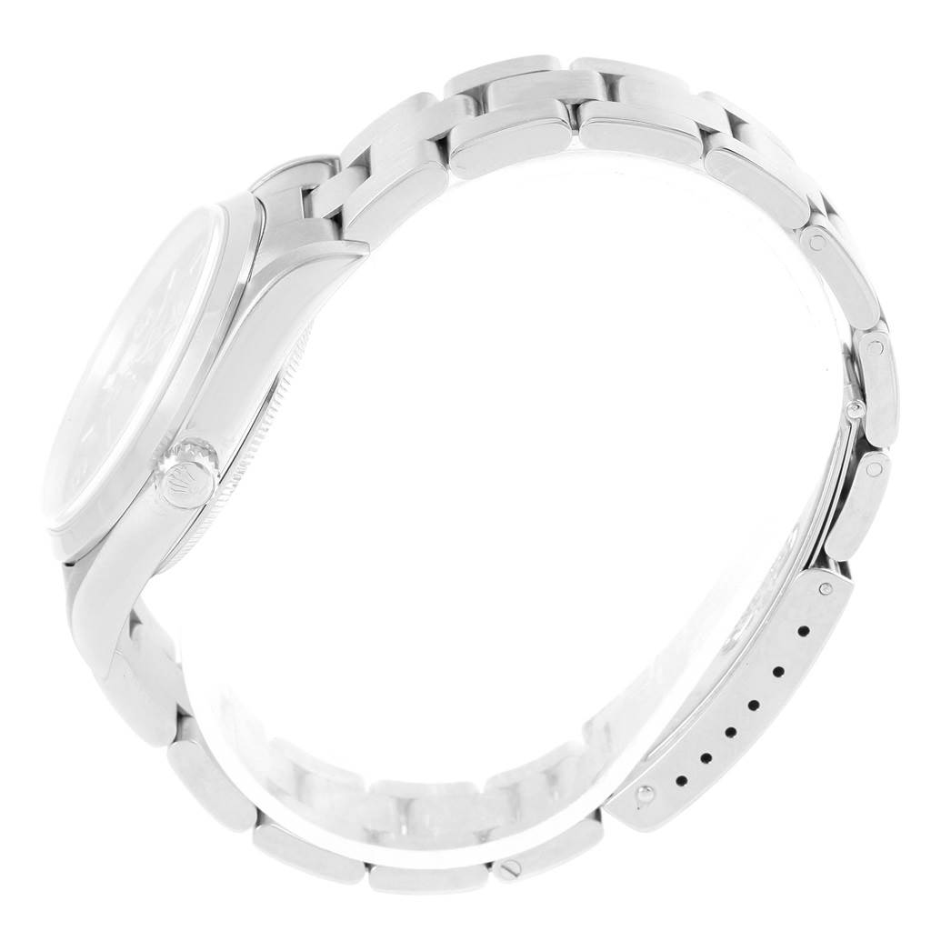 The image shows a side view of the Rolex Air-King 14000 Men's Stainless Steel Blue Dial 14000 Men's Stainless Steel Blue Dial watch, focusing on the case, crown, and metal bracelet.