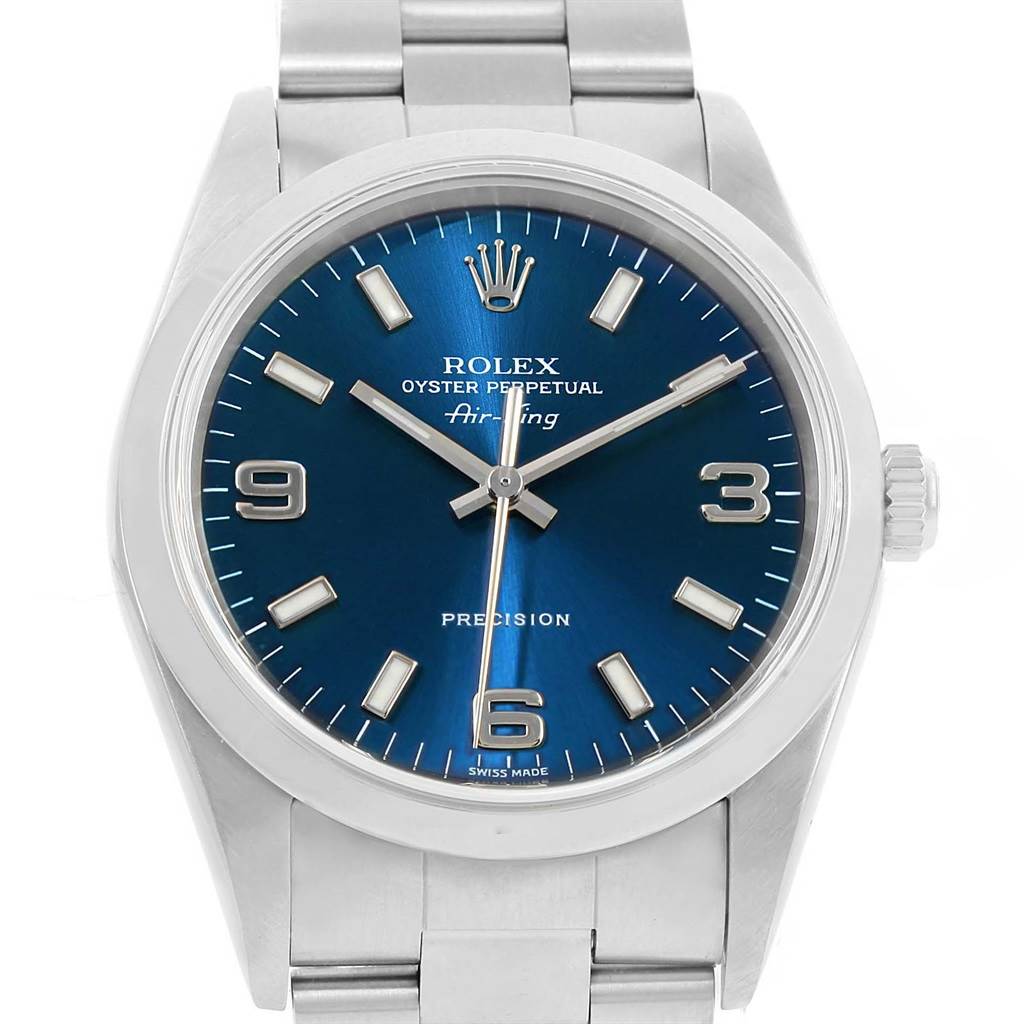 The Rolex Air-King 14000 Men's Stainless Steel Blue Dial 14000 Men's Stainless Steel Blue Dial watch is shown from the front, highlighting its blue dial, silver markers, and stainless steel bracelet.