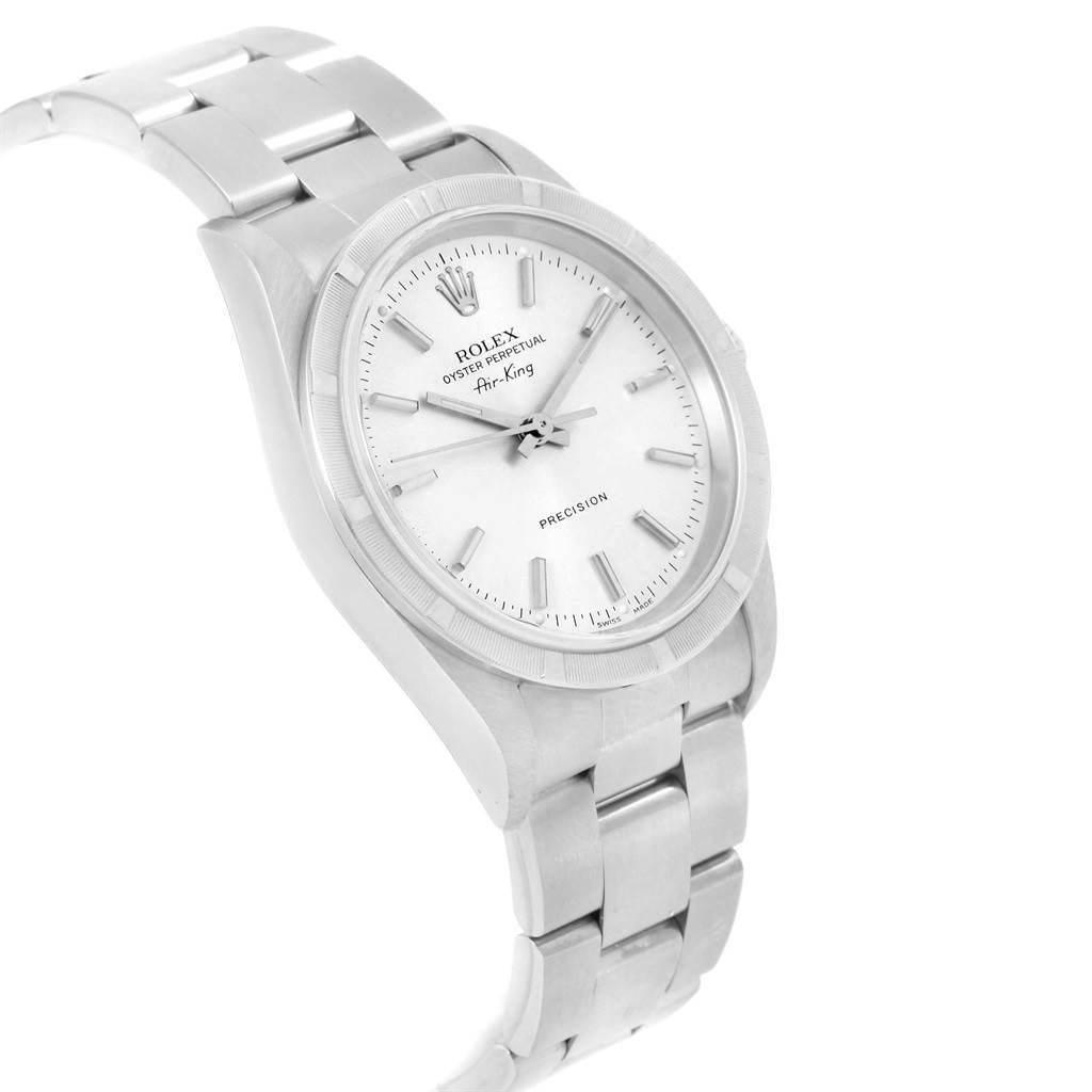 The image shows a Rolex Air-King 14010 Men's Stainless Steel Silver Dial 14010 Men's Stainless Steel Silver Dial watch from an angled side view, highlighting its face, bezel, and metal bracelet.