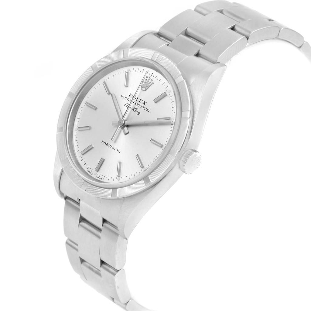 The image shows a Rolex Air-King 14010 Men's Stainless Steel Silver Dial 14010 Men's Stainless Steel Silver Dial watch at an oblique angle, highlighting the face, bezel, crown, and bracelet.