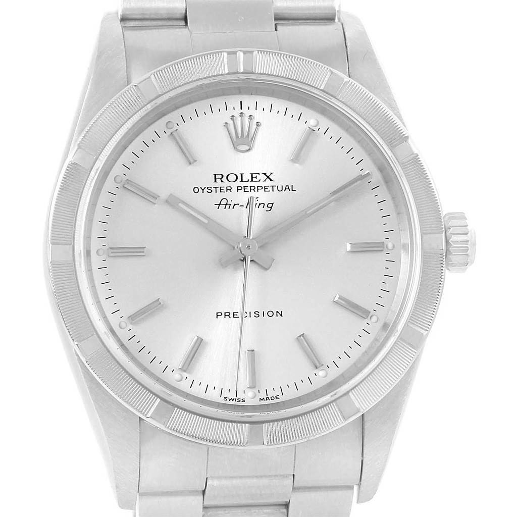 This image shows a frontal view of the Rolex Air-King 14010 Men's Stainless Steel Silver Dial 14010 Men's Stainless Steel Silver Dial watch, displaying the dial, bezel, crown, and part of the bracelet.