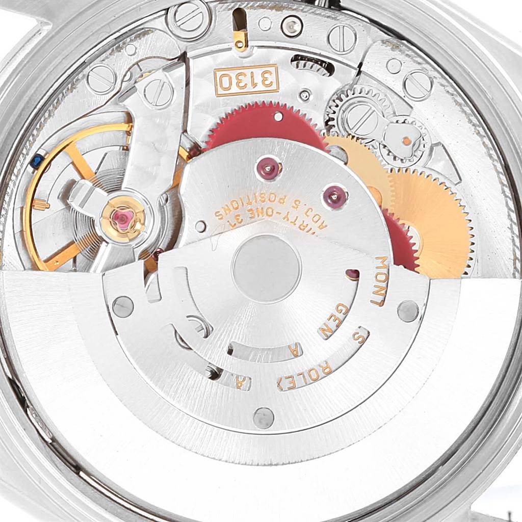 This image shows the internal mechanical movement of the Rolex Air-King 14000 Men's Stainless Steel Blue Dial 14000 Men's Stainless Steel Blue Dial watch, highlighting intricate gears and components from a close angle.