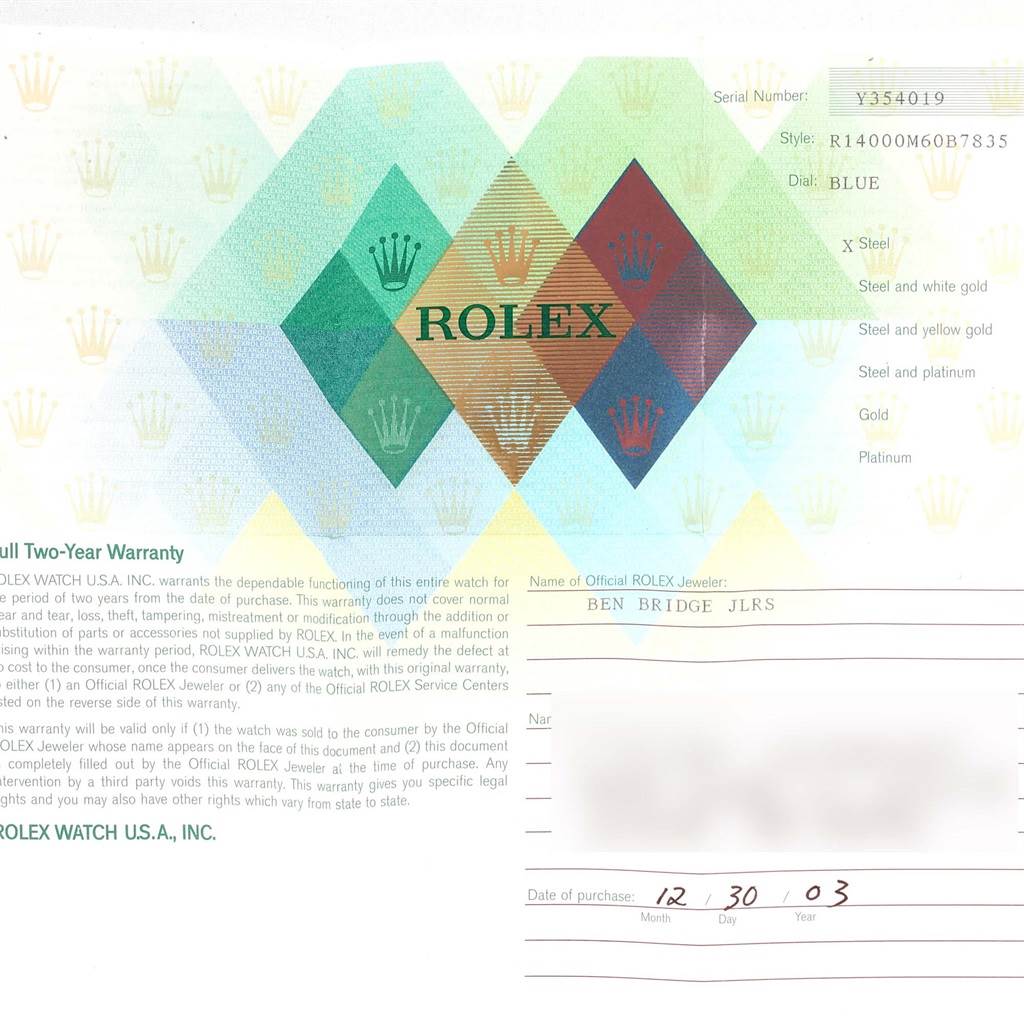 This image shows a warranty card for a Rolex Air-King 14000 Men's Stainless Steel Blue Dial 14000 Men's Stainless Steel Blue Dial watch, detailing the serial number, style, dial color, and purchase date.