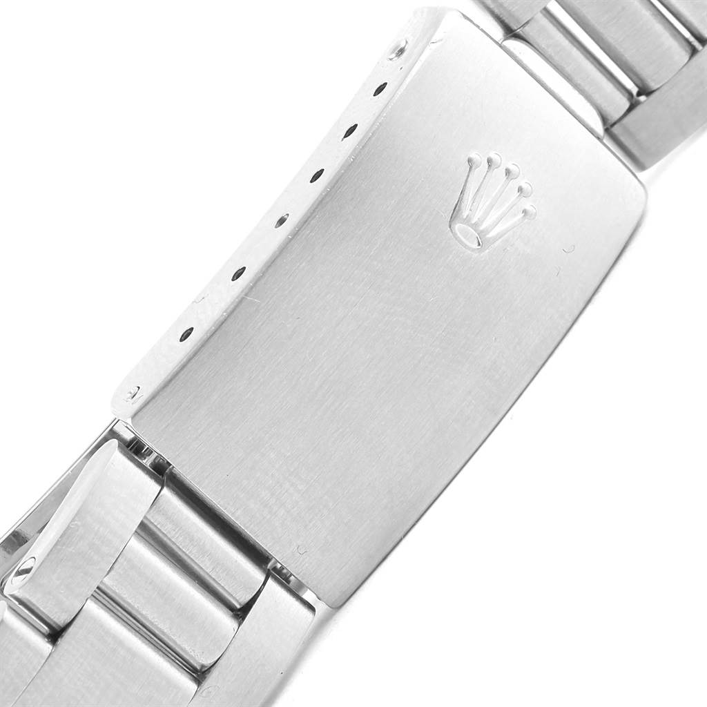 This image shows a close-up of the clasp and bracelet links of a Rolex Air-King 14000 Men's Stainless Steel Blue Dial 14000 Men's Stainless Steel Blue Dial watch.