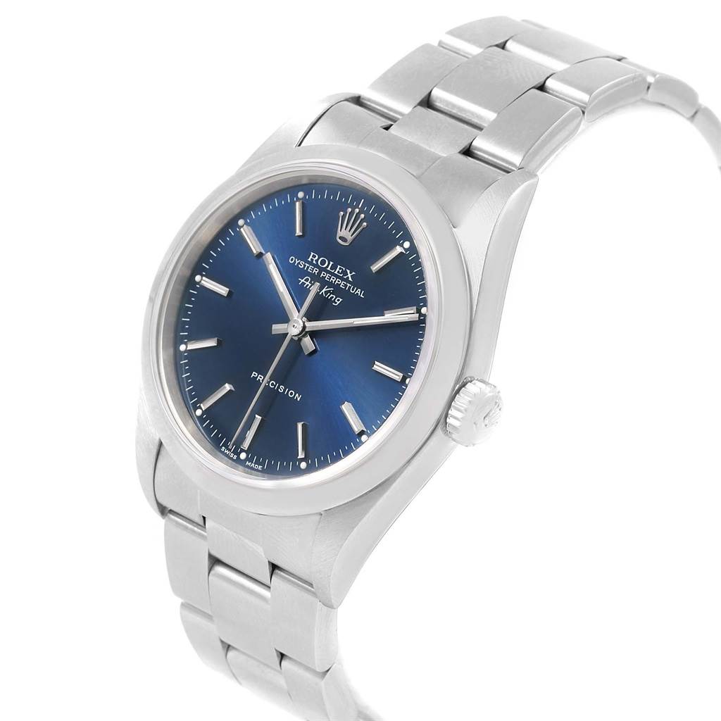 The Rolex Air-King 14000 Men's Stainless Steel Blue Dial 14000 Men's Stainless Steel Blue Dial watch is shown at a three-quarter angle, highlighting the face, crown, and a portion of the stainless steel bracelet.
