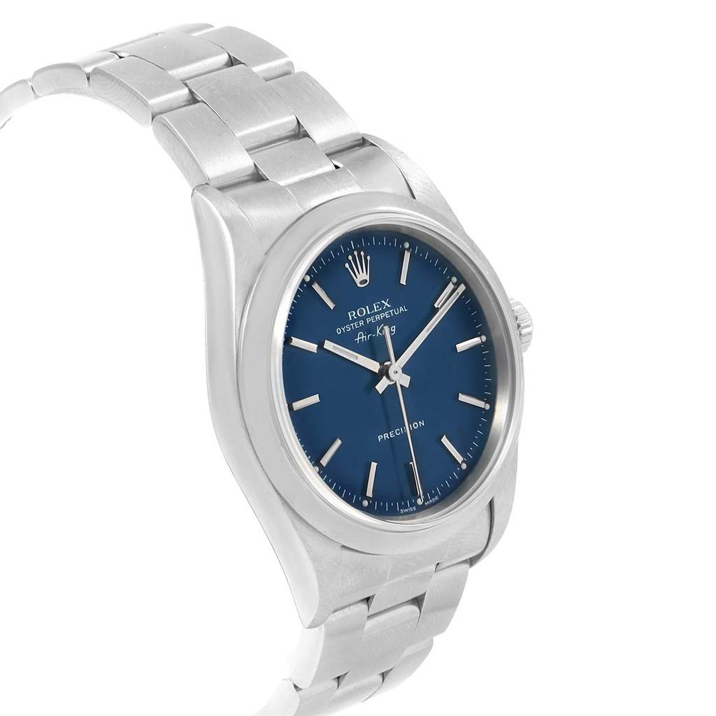 The Rolex Air-King 14000 Men's Stainless Steel Blue Dial 14000 Men's Stainless Steel Blue Dial watch is displayed at a slight angle, showing the face, crown, and part of the bracelet.