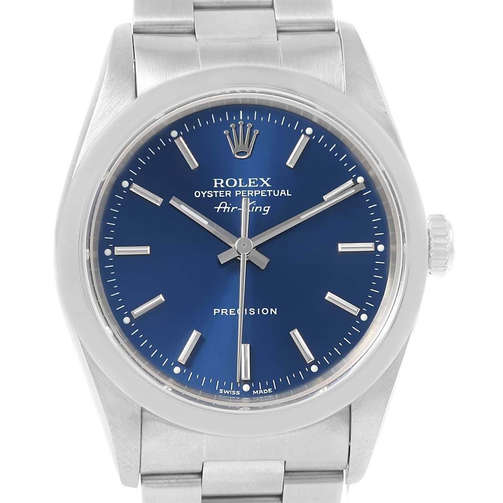 The image shows a frontal view of the Rolex Air-King 14000 Men's Stainless Steel Blue Dial 14000 Men's Stainless Steel Blue Dial watch, highlighting the face, crown, and part of the bracelet.