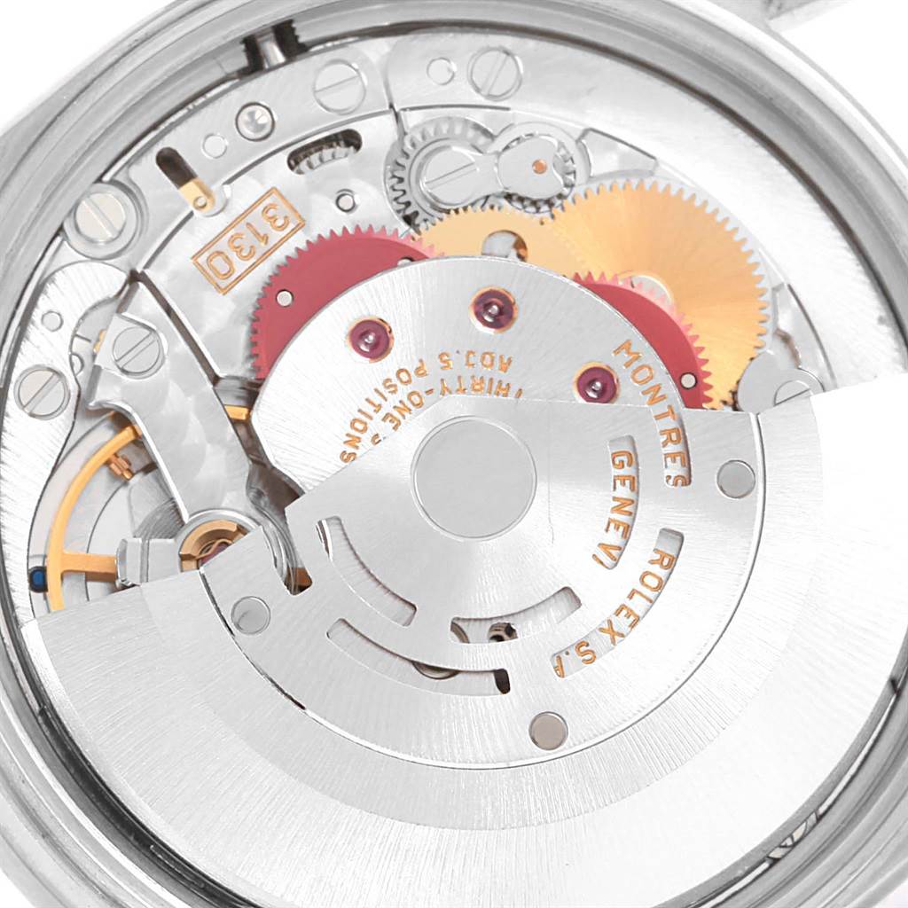 This image shows a close-up view of the internal movement parts of a Rolex Air-King 14010 Stainless Steel Pink Dial 14010 Stainless Steel Pink Dial watch.