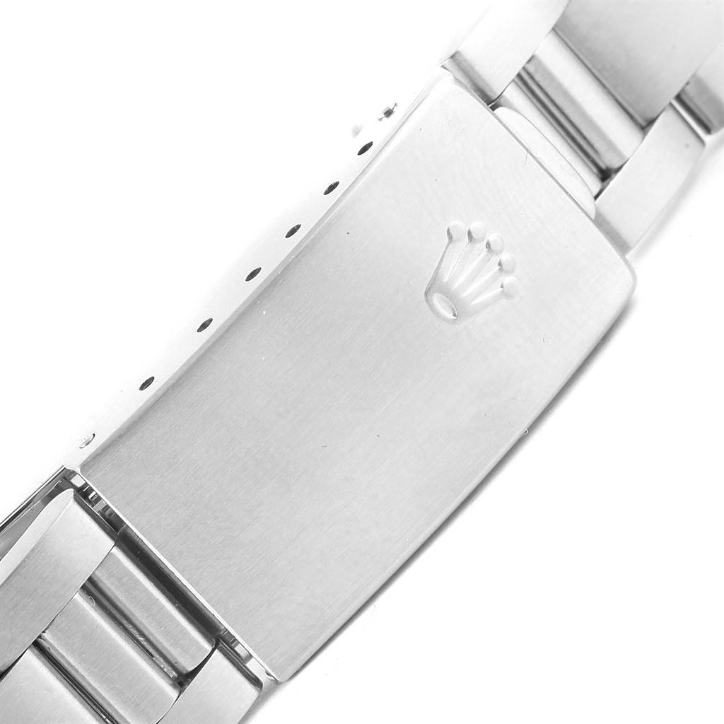 This image shows a close-up angle of the clasp of the Rolex Air-King 14000 Men's Stainless Steel Blue Dial 14000 Men's Stainless Steel Blue Dial watch.