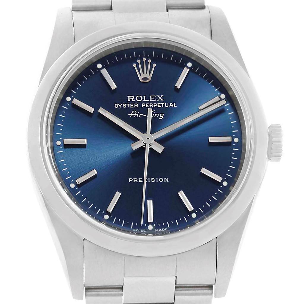 The image shows a front view of the Rolex Air-King 14000 Men's Stainless Steel Blue Dial 14000 Men's Stainless Steel Blue Dial watch, highlighting its blue dial, silver hands, and stainless steel bracelet.