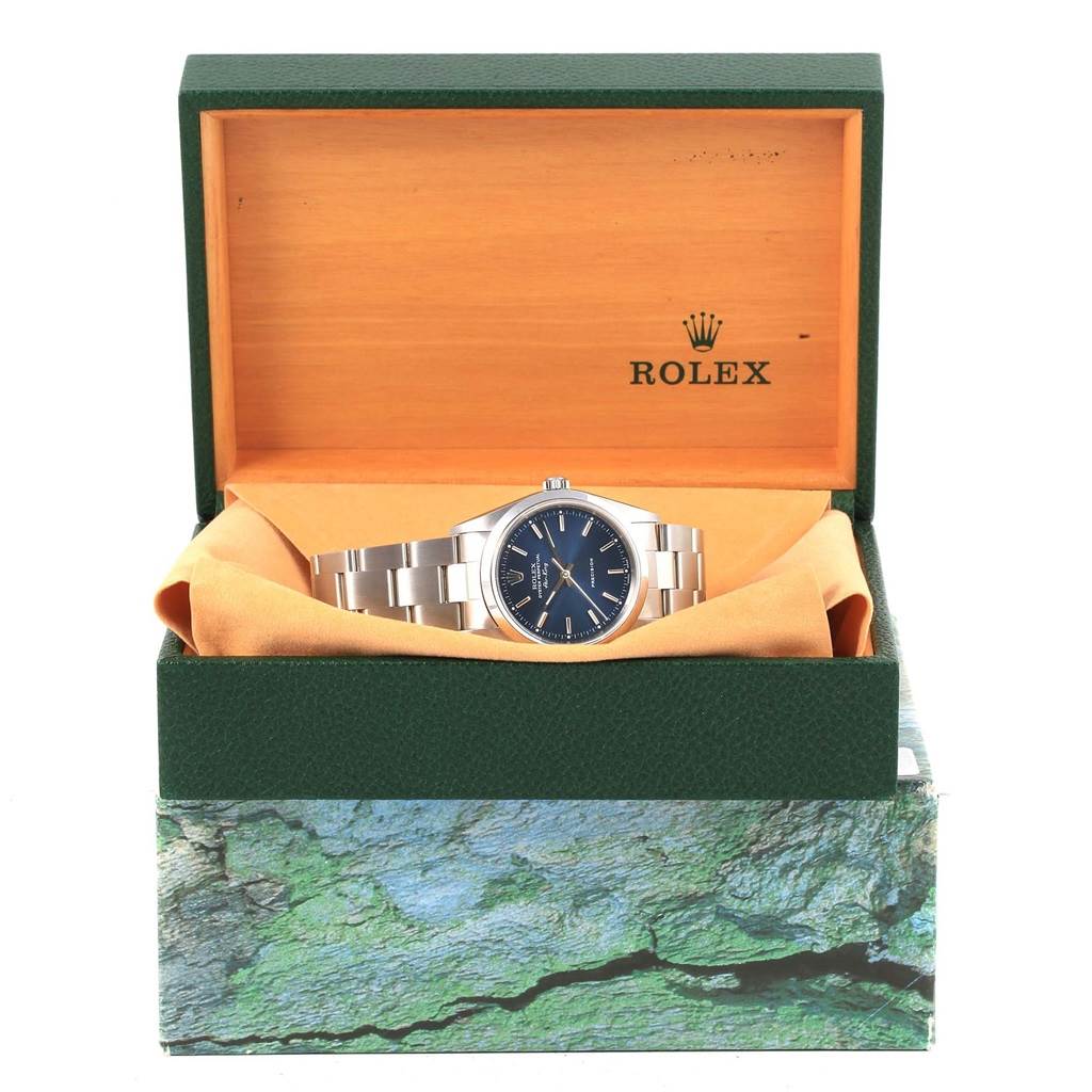 The Rolex Air-King 14000 Men's Stainless Steel Blue Dial 14000 Men's Stainless Steel Blue Dial model is shown in its box, viewed from the front angle, displaying the watch face and band.