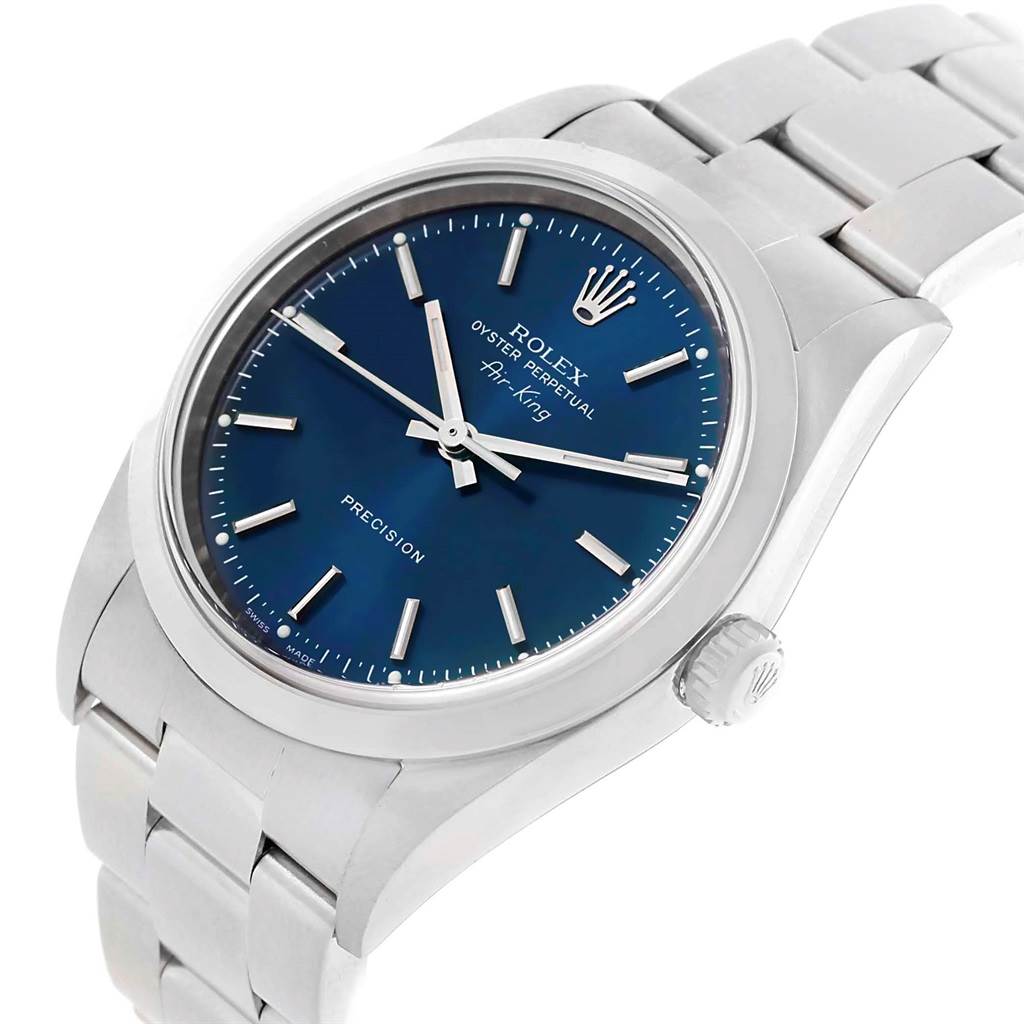 The Rolex Air-King 14000 Men's Stainless Steel Blue Dial 14000 Men's Stainless Steel Blue Dial watch is shown at a slight angle, primarily highlighting its blue dial, stainless steel case, and bracelet.
