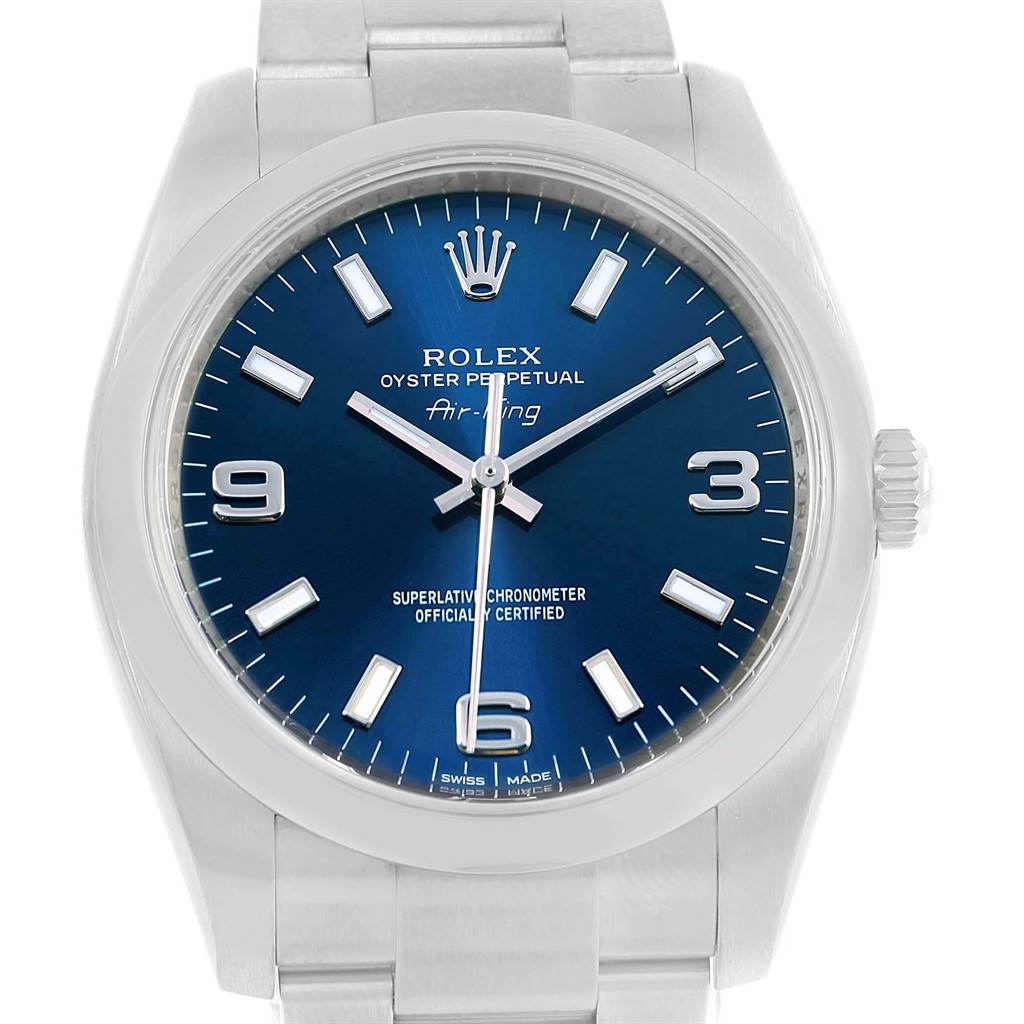 The image shows a front view of the Rolex Air-King 114200 Men's Stainless Steel Blue Dial 114200 Men's Stainless Steel Blue Dial watch, displaying its face, dial, and part of the bracelet.