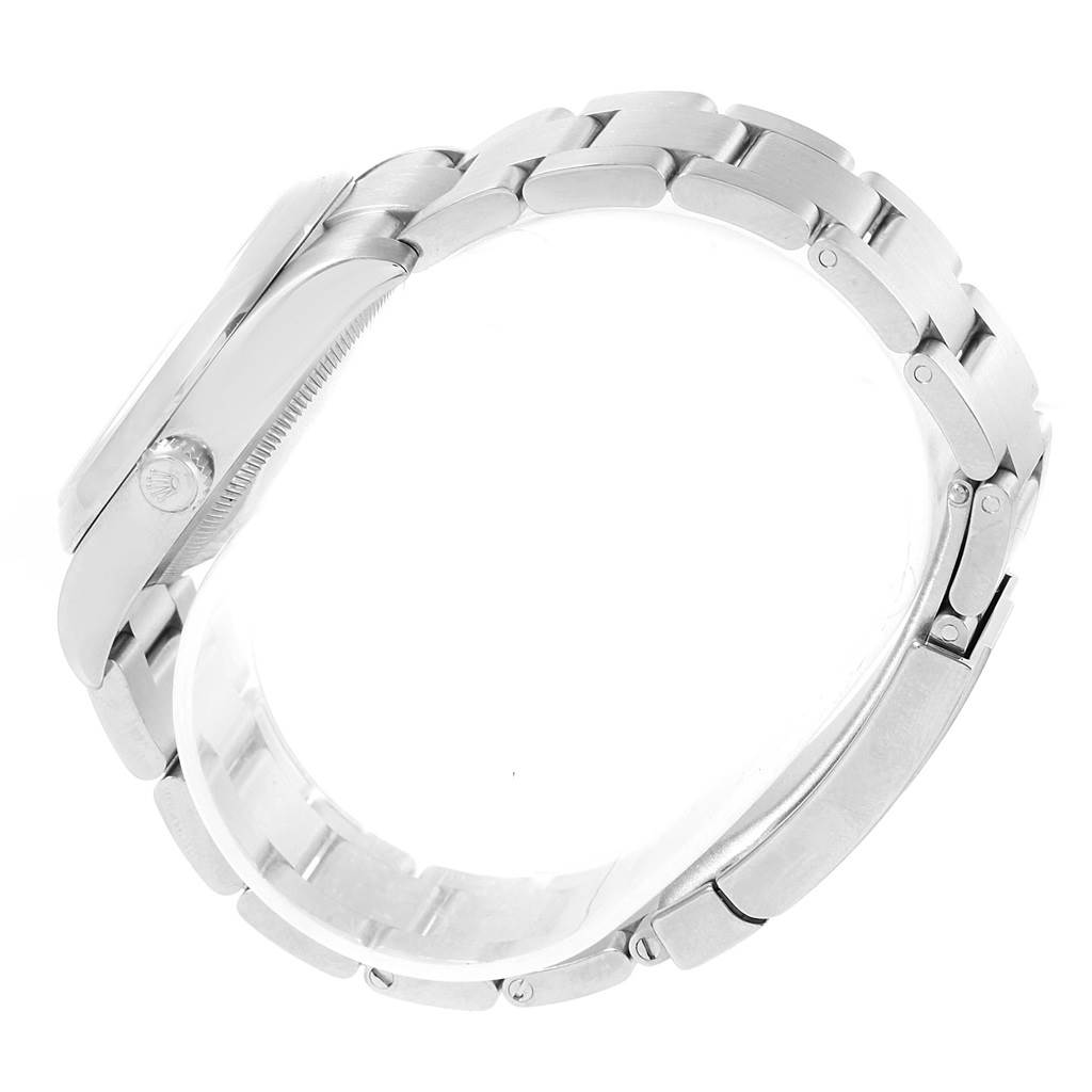 The image shows a side view of the Rolex Air-King 114200 Men's Stainless Steel Blue Dial 114200 Men's Stainless Steel Blue Dial watch, focusing on the case and bracelet.