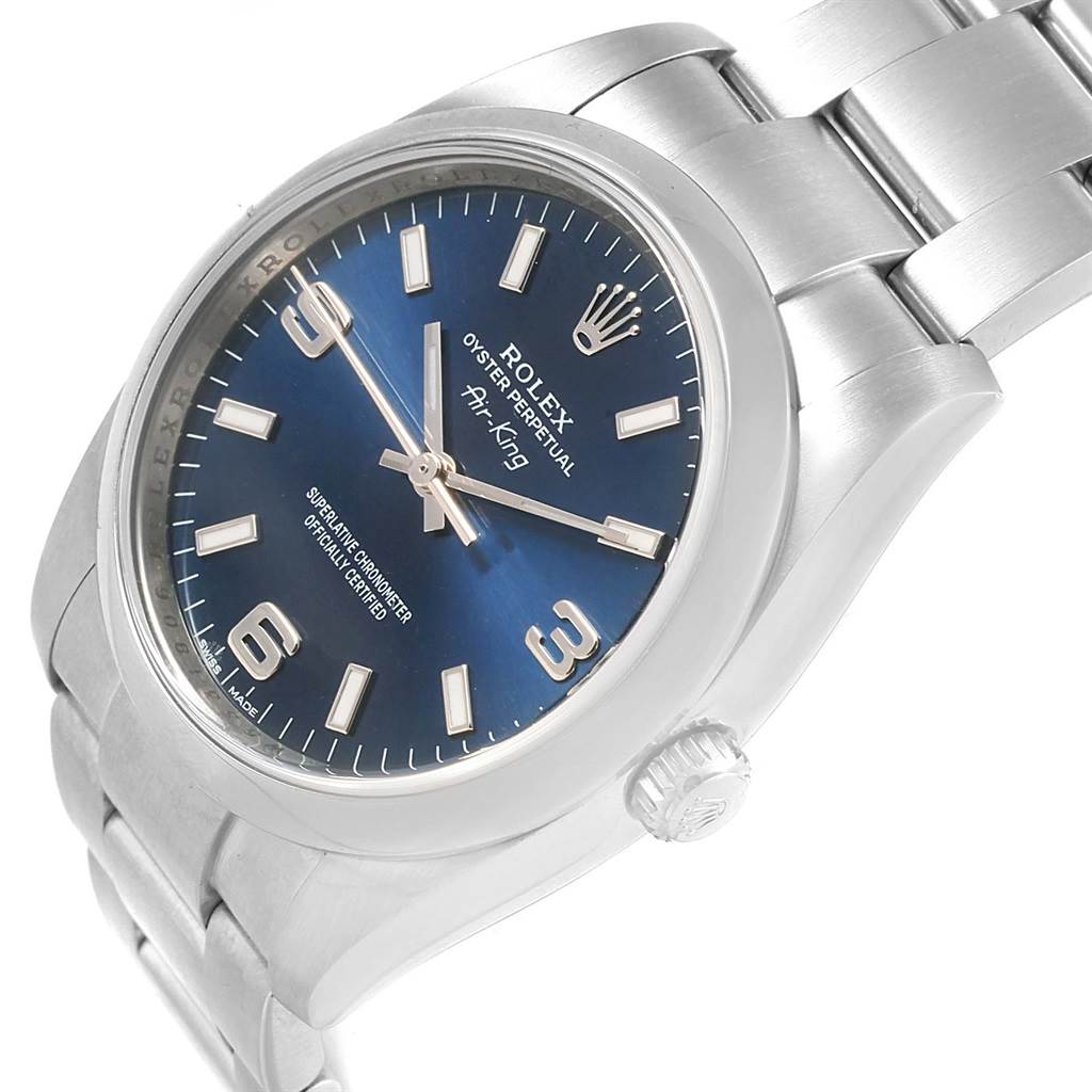 The image shows a Rolex Air-King 114200 Men's Stainless Steel Blue Dial 114200 Men's Stainless Steel Blue Dial watch at a slight angle, highlighting its blue dial, silver hands, and bracelet.
