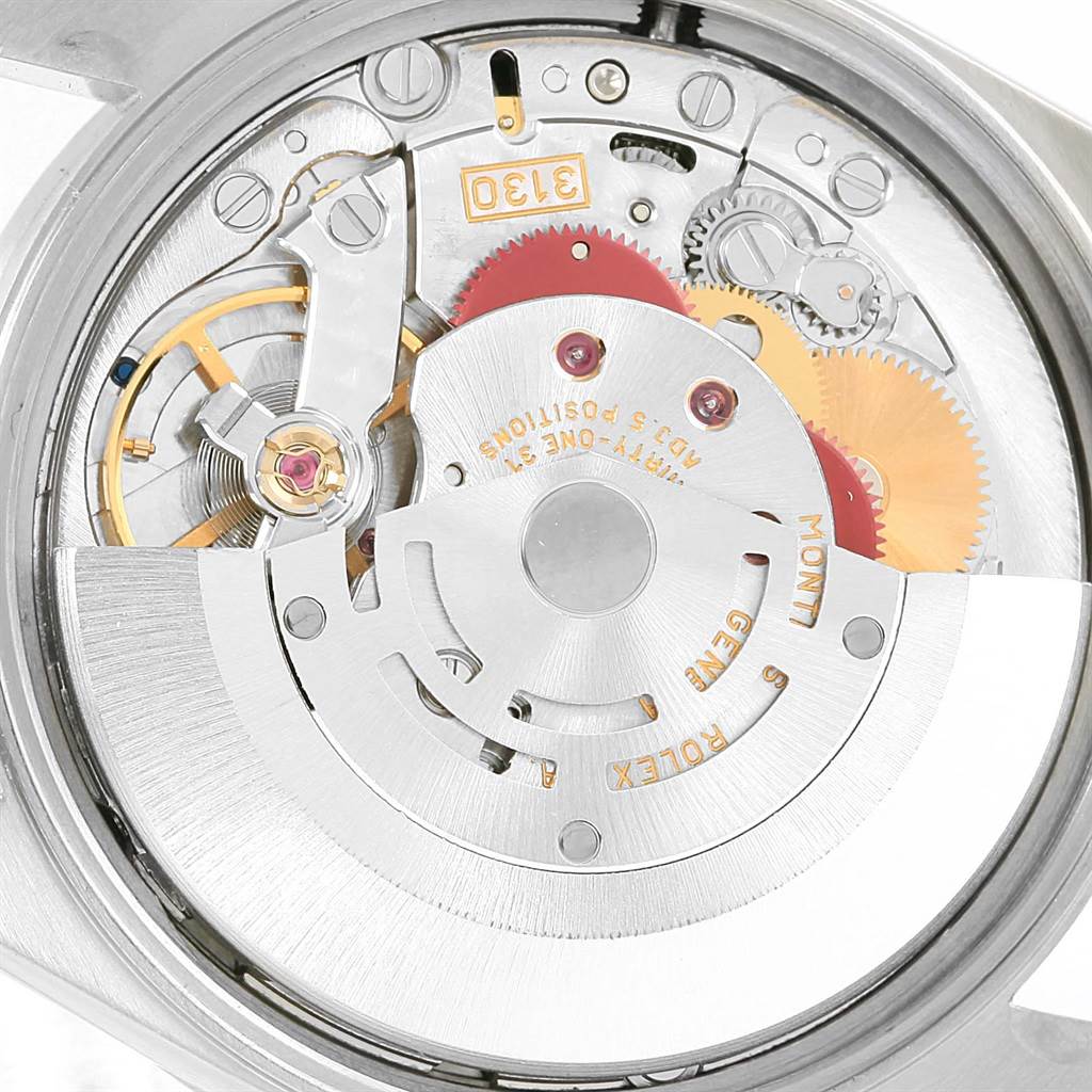 The image shows the movement mechanism of a Rolex Air-King 14010 Men's Stainless Steel Black Dial 14010 Men's Stainless Steel Black Dial watch, revealing gears and inner components.
