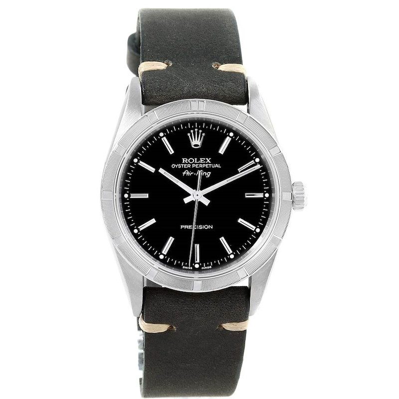 Rolex Air King 34 Black Dial Grey Strap Steel Mens Watch 14010 SwissWatchExpo