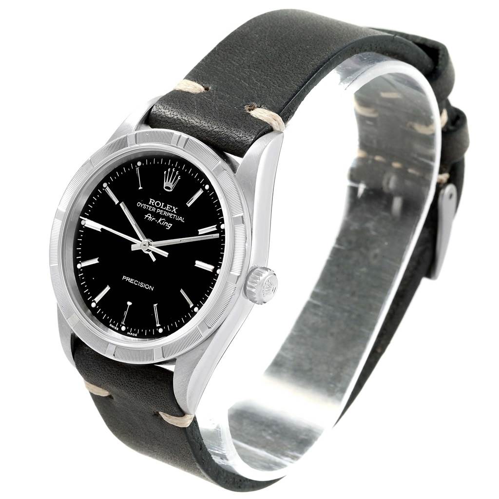 The image shows a Rolex Air-King 14010 Men's Stainless Steel Black Dial 14010 Men's Stainless Steel Black Dial watch at a slight angle, displaying its black dial, case, crown, and leather strap.