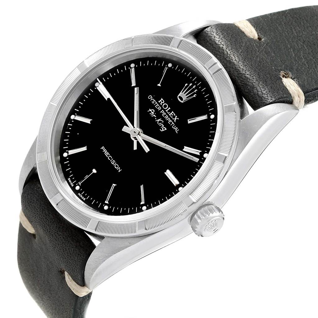 This image shows a Rolex Air-King 14010 Men's Stainless Steel Black Dial 14010 Men's Stainless Steel Black Dial watch at an angle, highlighting the dial, case, bezel, crown, and leather strap.